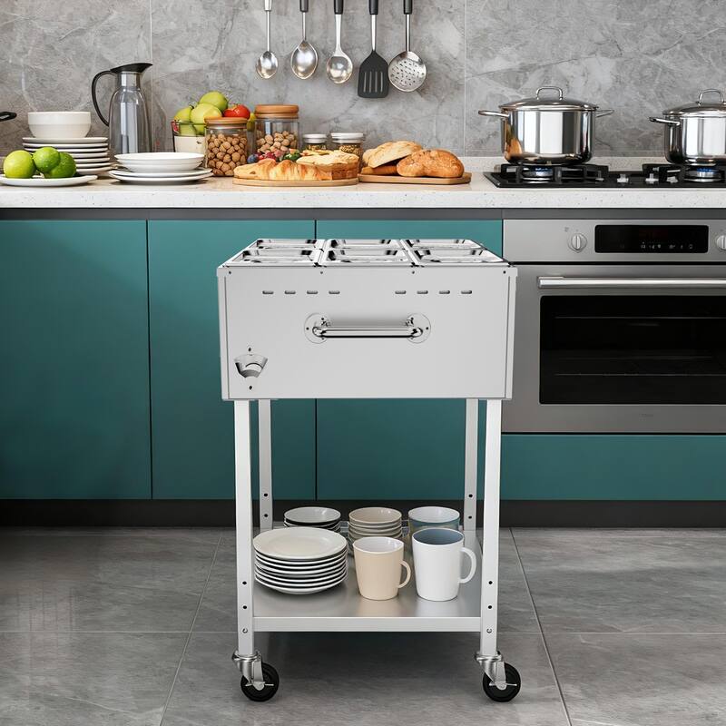 9 Propane Steam Table, L Gas Outdoor Soup Warmer 3" Wheels,StainlessSteel Propane Food Warmer&Adjustable Temperature