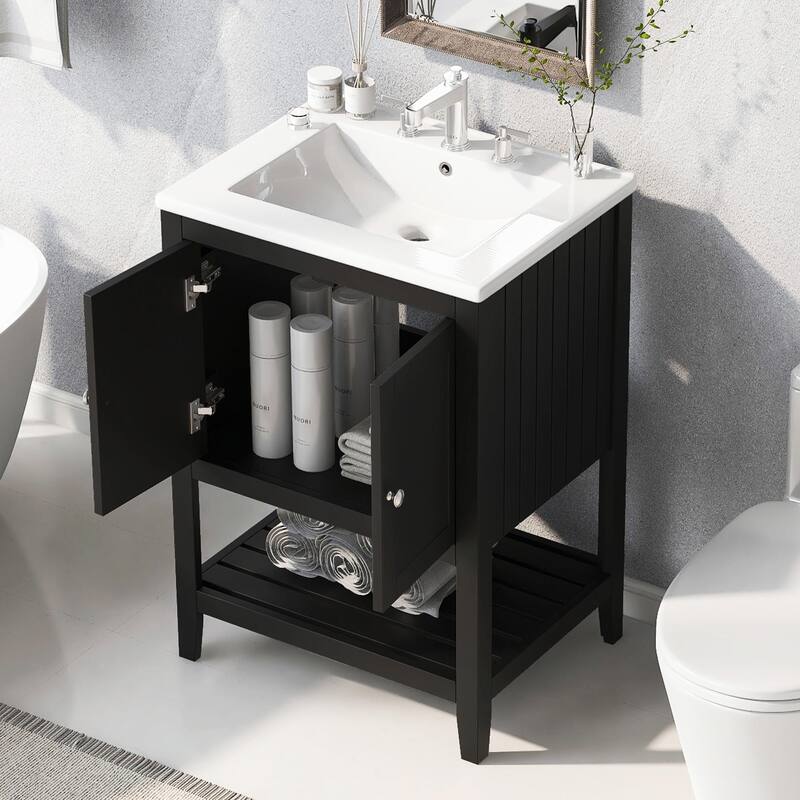 24" Bathroom Vanity with Ceramic Sink and Open Shelf