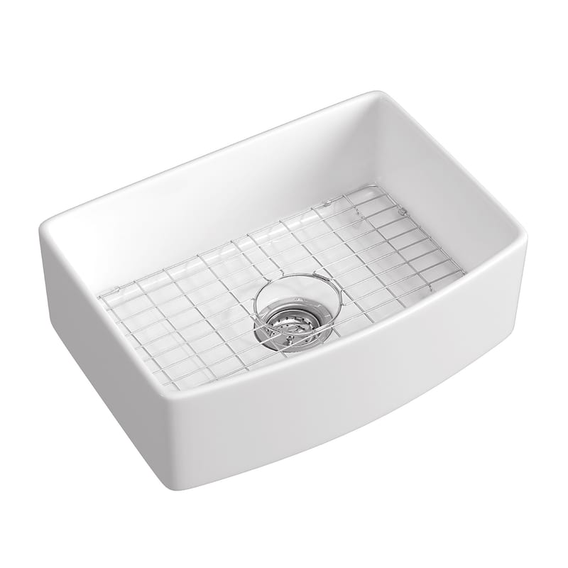 Premium White Fireclay Curved Apron Front Kitchen Sink for Home, Farmhouse (Grid & Strainer Included)