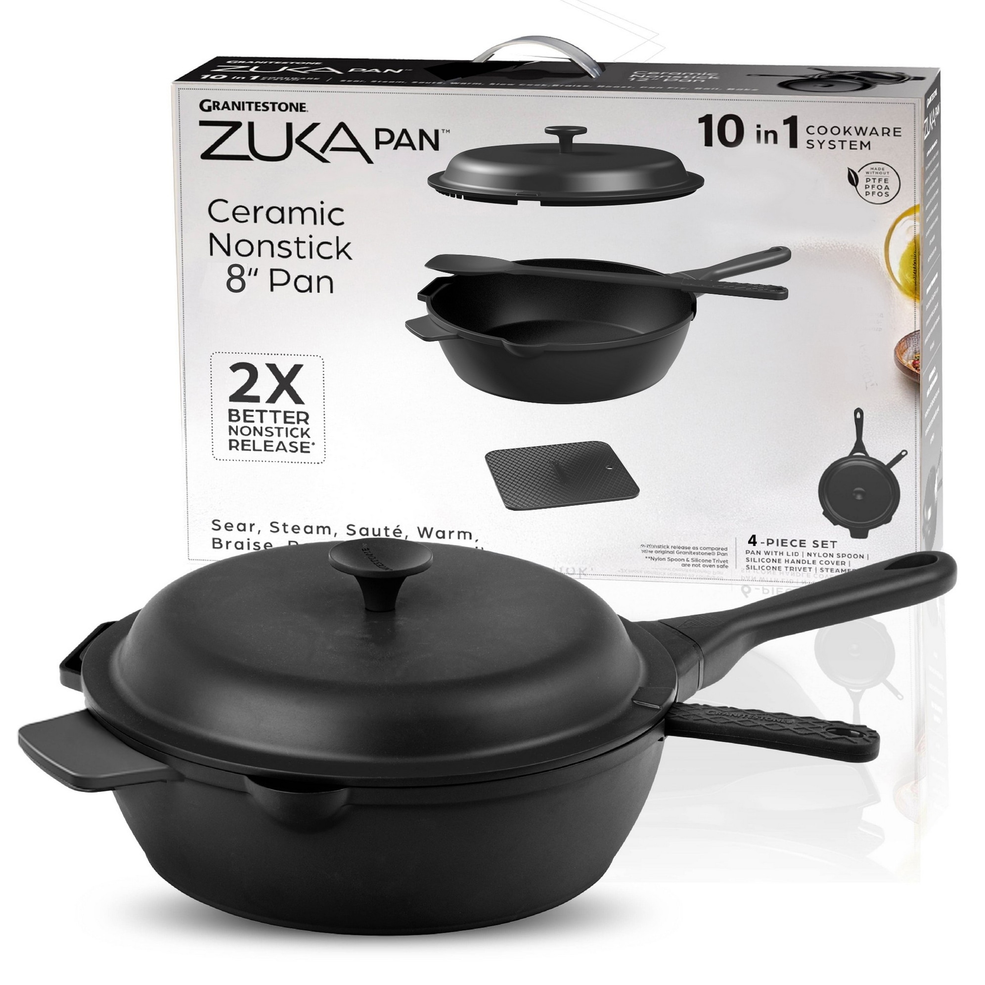 Granitestone Zuka Everyday Pan 4 Pc Nonstick 8" Multi-Functional Frying Pan Set with Lid Steamer & Utensils