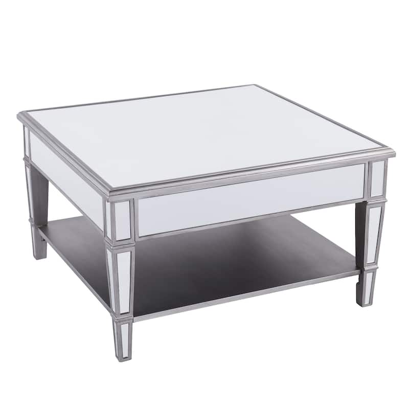 29" Silver Mirrored Square Coffee Table with Shelf for Living Room and Office - 28.5” x 28.5” x 18.5”
