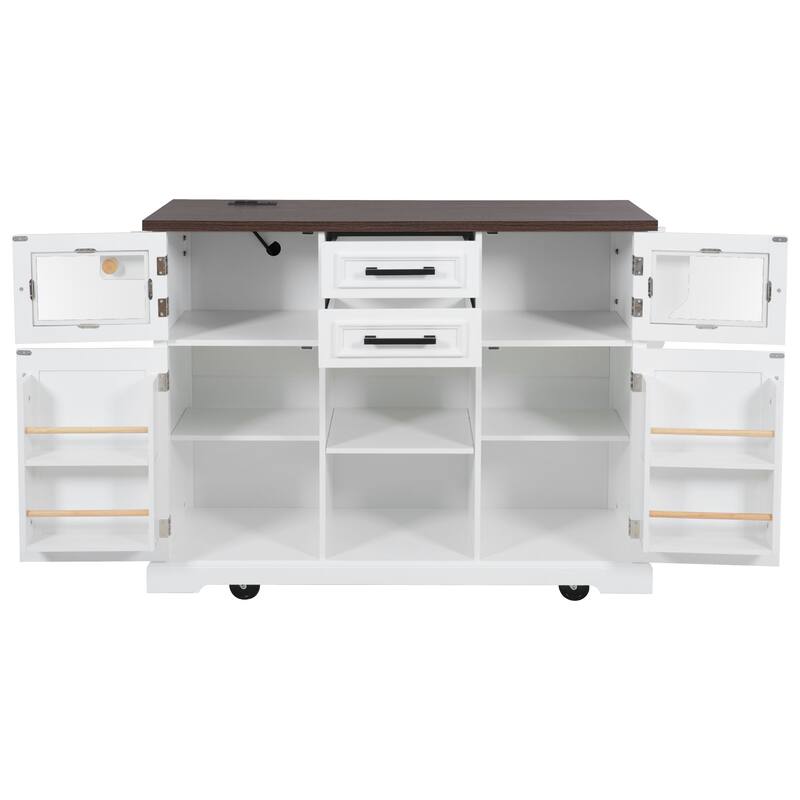 Farmhouse 54.9" Kitchen Island with Drop Leaf and Power Outlet, Stylish Storage Cart with Barn Doors