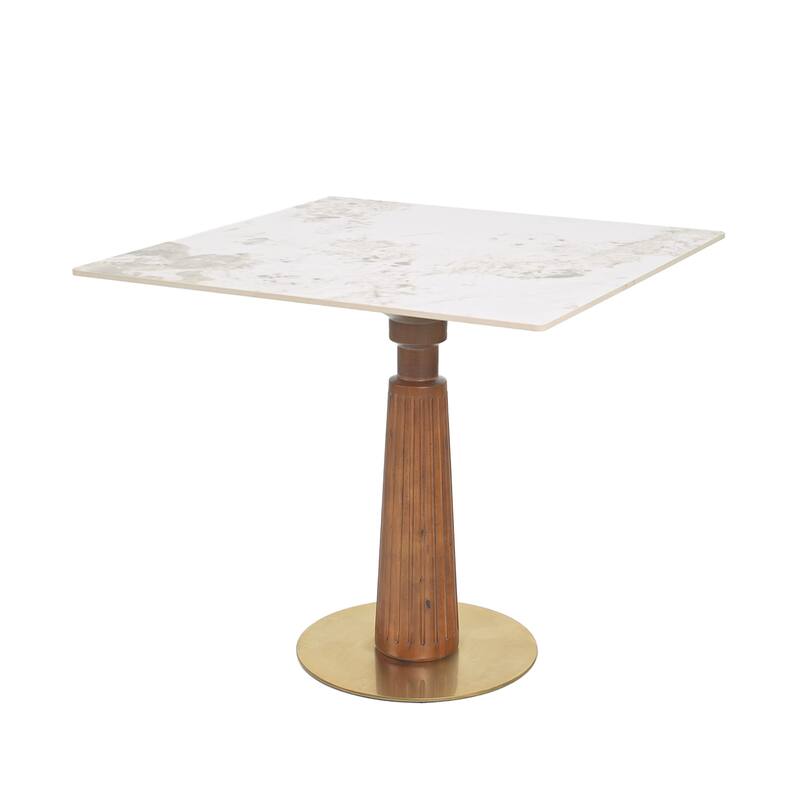 33" Retro Square Side Table, Glass & Sintered Stone Tabletop Dining Table with Solid Wood Pedestal