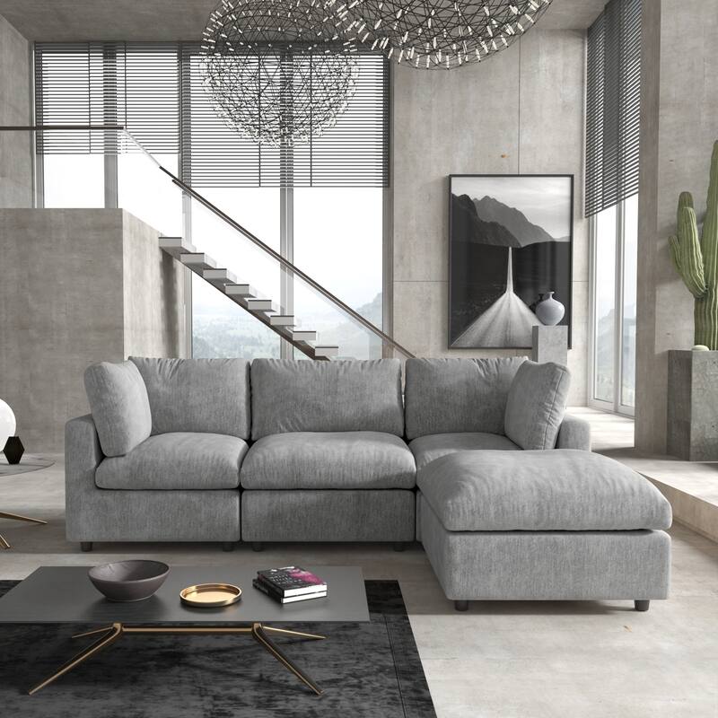 Modern L-shaped Sectional Sofa for Living Room,Chenille Modular Couch, Removable Cover, Spring Cushions, Solid Wood Frame - Grey