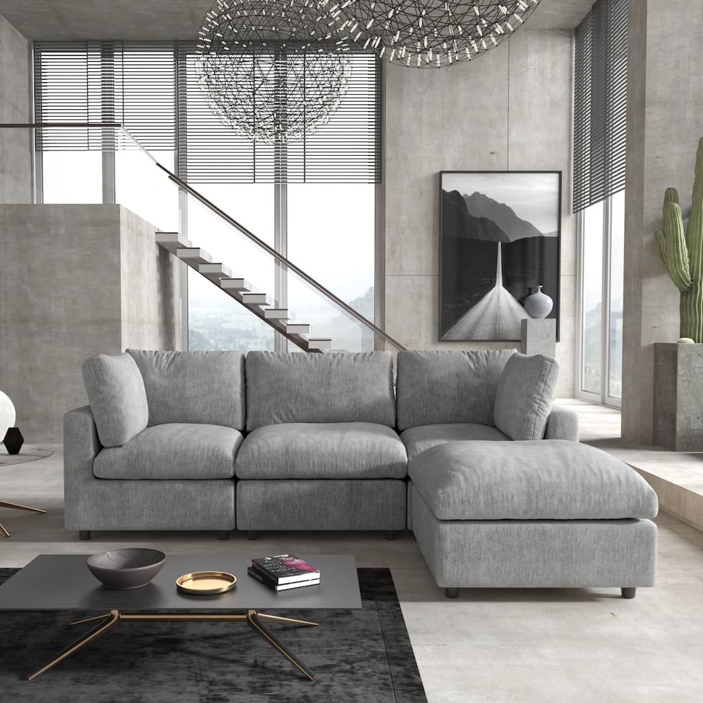 Modern L-shaped Sectional Sofa for Living Room,Chenille Modular Couch, Removable Cover, Spring Cushions, Solid Wood Frame