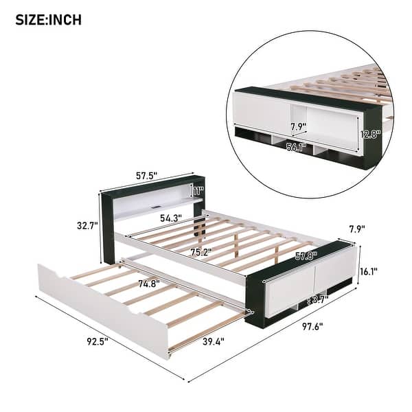 Full Platform Bed with Trundle & USB Charging, Storage Headboard and Footboard, White+Green