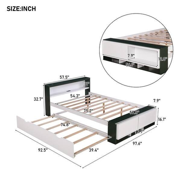 Full Size Platform Bed with Trundle and USB Charging, Wooden Kids Bed Frame with Storage Headboard and Footboard, White+Green