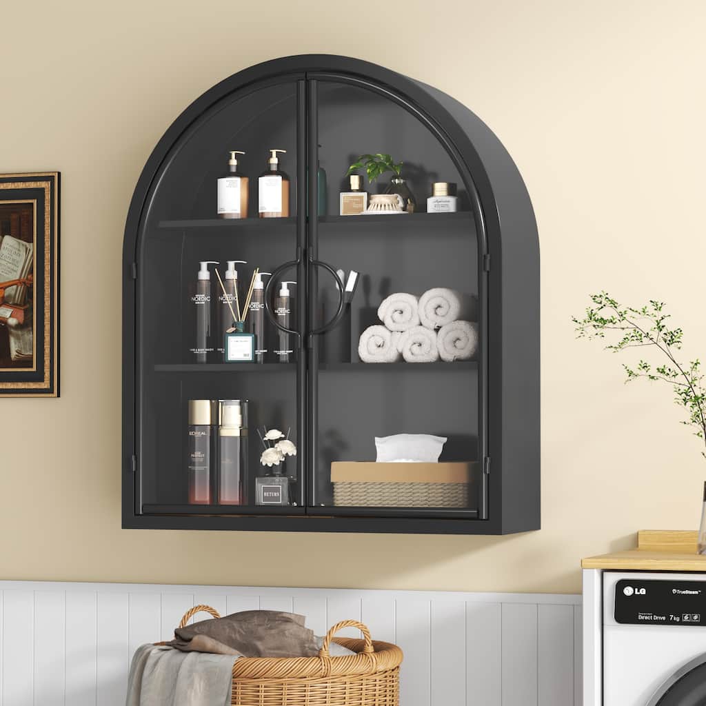 Wall-Mounted Arched Display Cabinet With Tempered Glass Doors, No Assembly Required - 22.8"W × 26.8"H × 7.5"D
