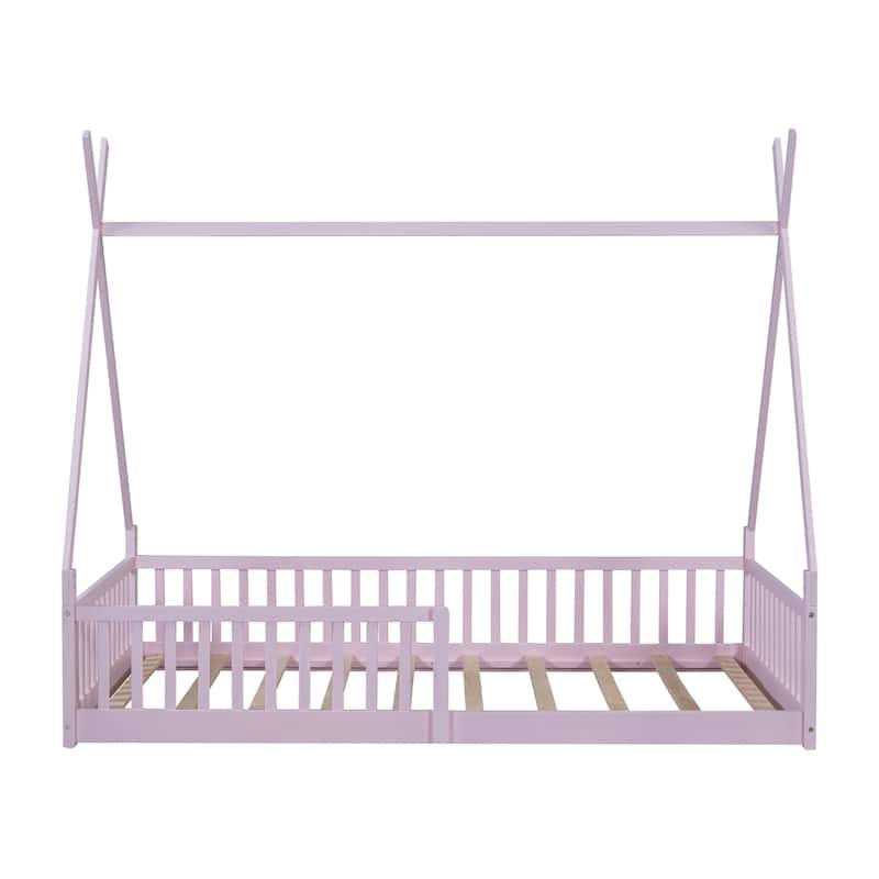 Twin Size Wood House Bed with Fence