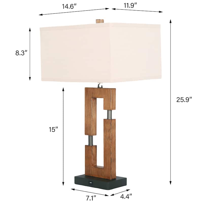 USB Wood Table Lamp With Cotton Shade Set of 2
