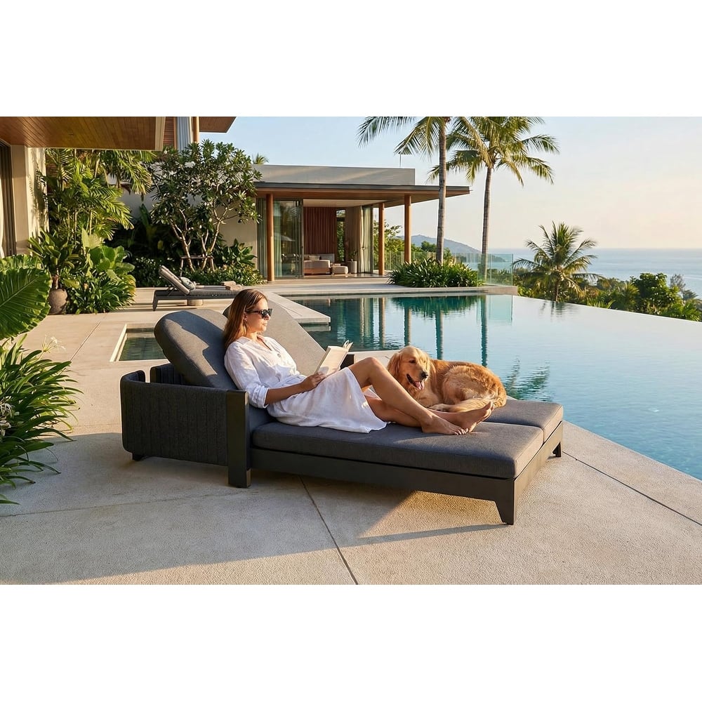PURPLE LEAF 2-Person Outdoor Chaise Lounge with Cushion, Adjustable Backrest Patio Recliner Chair