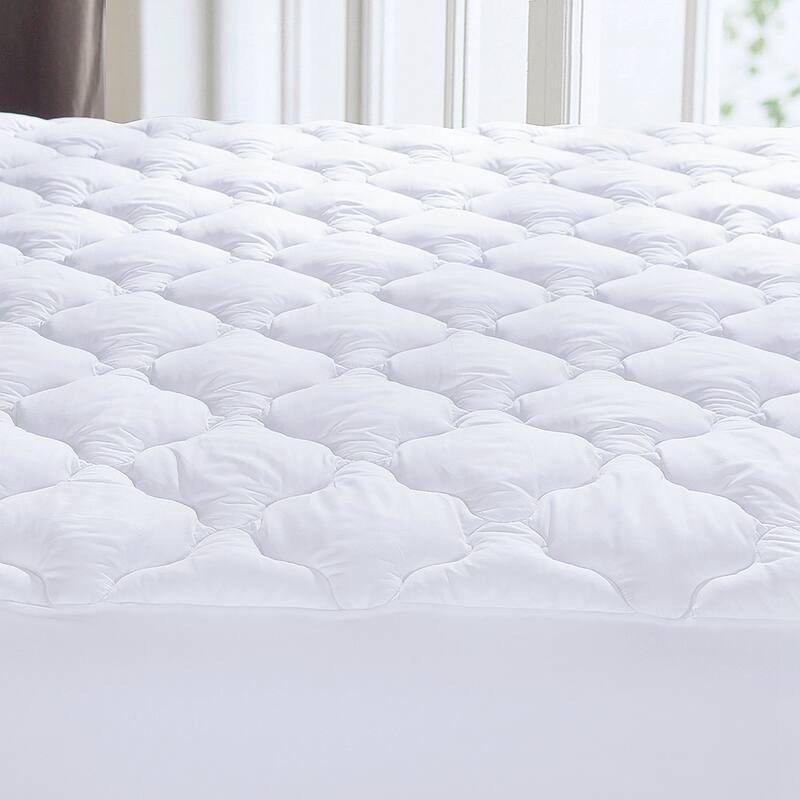 White Four Leaf Clover Quilted Fitted Mattress Pad , Elastic Stretches up to 18 Inches Deep