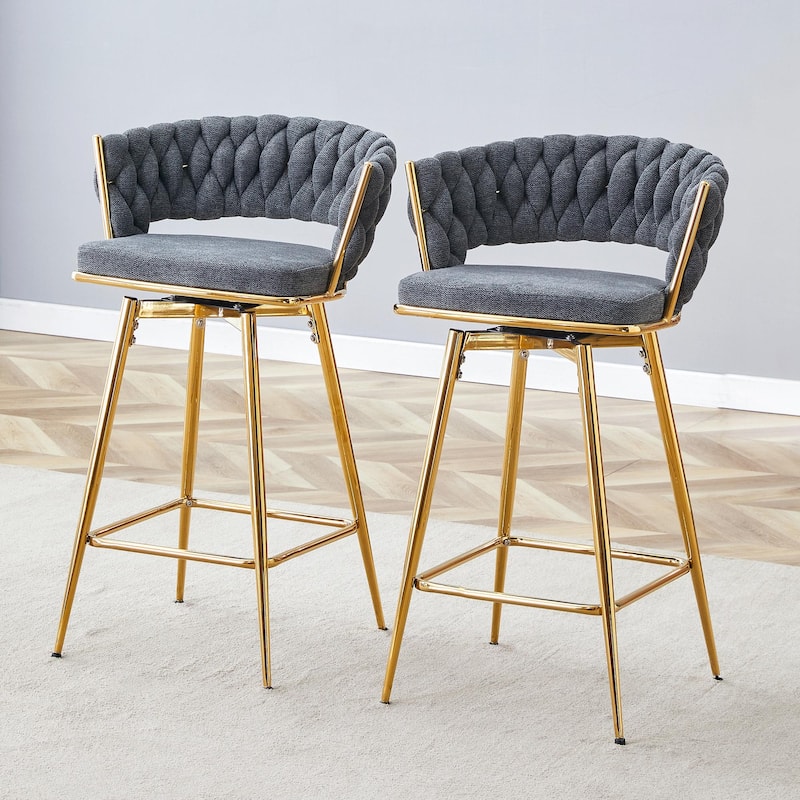Set of 2 Swivel Bar Stools with Breathable Linen Cushions - Dark Gray+Gold