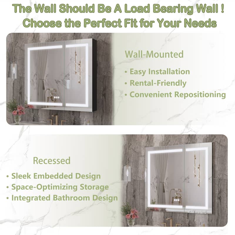 Rectangular Aluminum Recessed/Surface Mount Frameless Anti-Fog Medicine Cabinet with Dimmable LED Lights