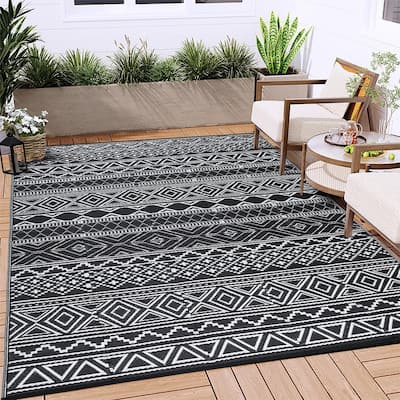 Outdoor Rug Waterproof Patio Rug Mat Geometric Rug Plastic Straw Outside Rug for RV Camping Picnic Reversible Rug