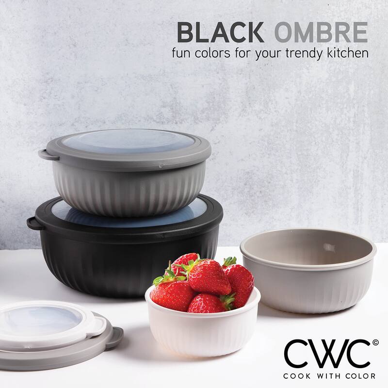 COOK WITH COLOR Prep Bowls with Lids- Wide and Deep Nesting Plastic Mixing Bowl Set with Lids 8 Piece Set, Black/White