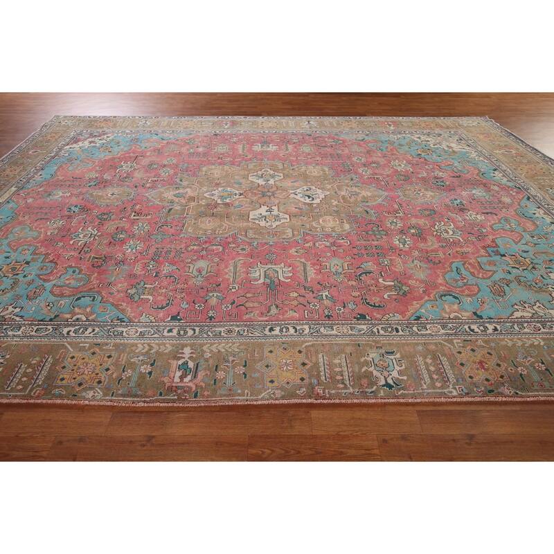 Pink Tabriz Persian Vintage Area Rug Handmade Wool Carpet - 9'11" x 13'4"