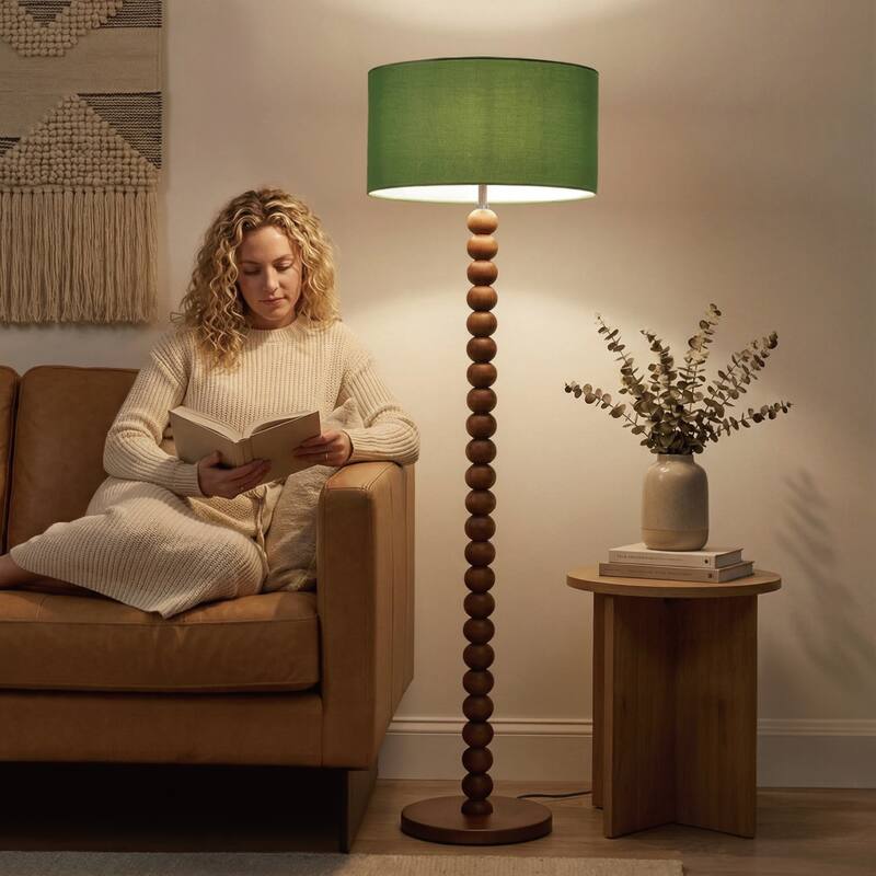 61" Wooden Beaded Floor Lamp, Retro Walnut Finish Standing Lamp with Linen Shade, Rubberwood Base for Living Room, Bedroom