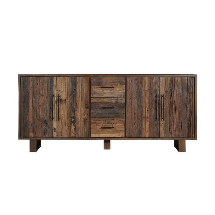 HomeRoots 83" Dark Brown Distressed Reclaimed Wood Three Drawer Sideboard with Four Doors - 83.00 in. x 36.00 in. x 16.00 in.