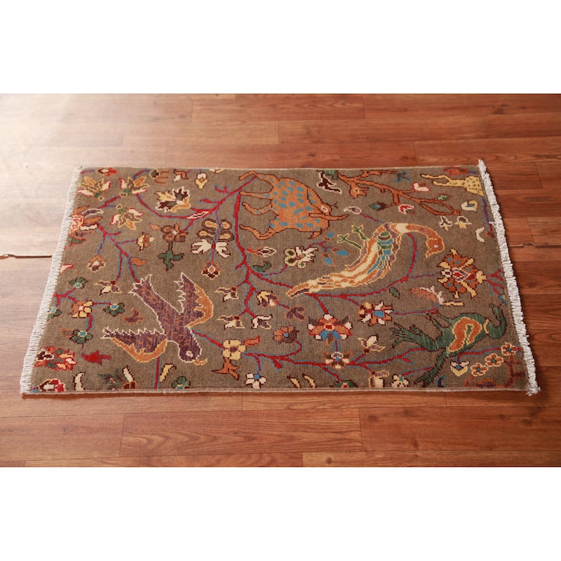 Brown Animals Kazak Oriental Accent Foyer Rug Handmade Wool Carpet - 2'0"x 3'0"