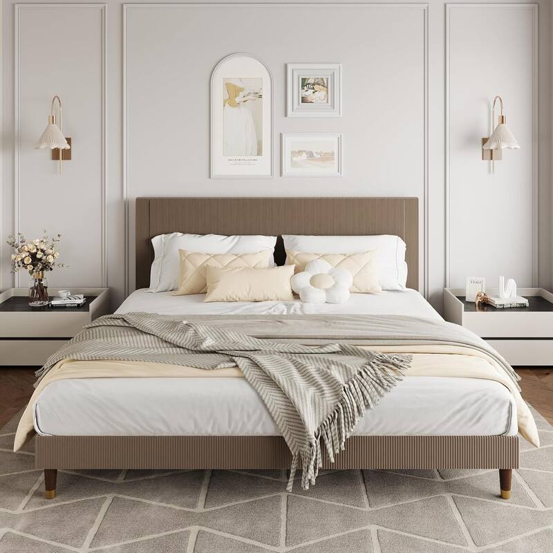 Soft Corduroy Fabric Platform Bed Frame with Upholstered Headboard, Brown - King