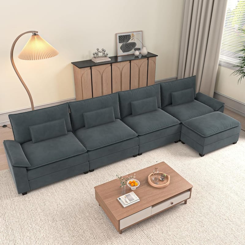 Kullavik Cloud Chenille L-Shaped Sofa, Modular Sectional Sofa with Ottoman, Throw Pillows and Double Layered Cushion