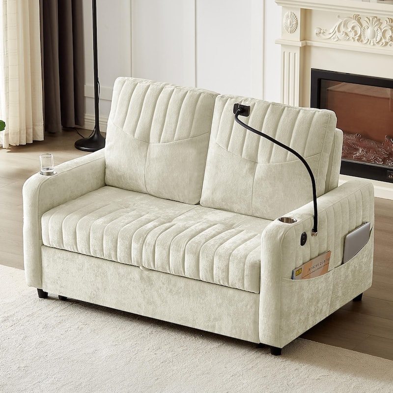 Multi-Functional Sleeper Sofa Pull-Out Loveseat with USB Charging, Sofa Bed with Adjustable Backrest and Storage Pockets