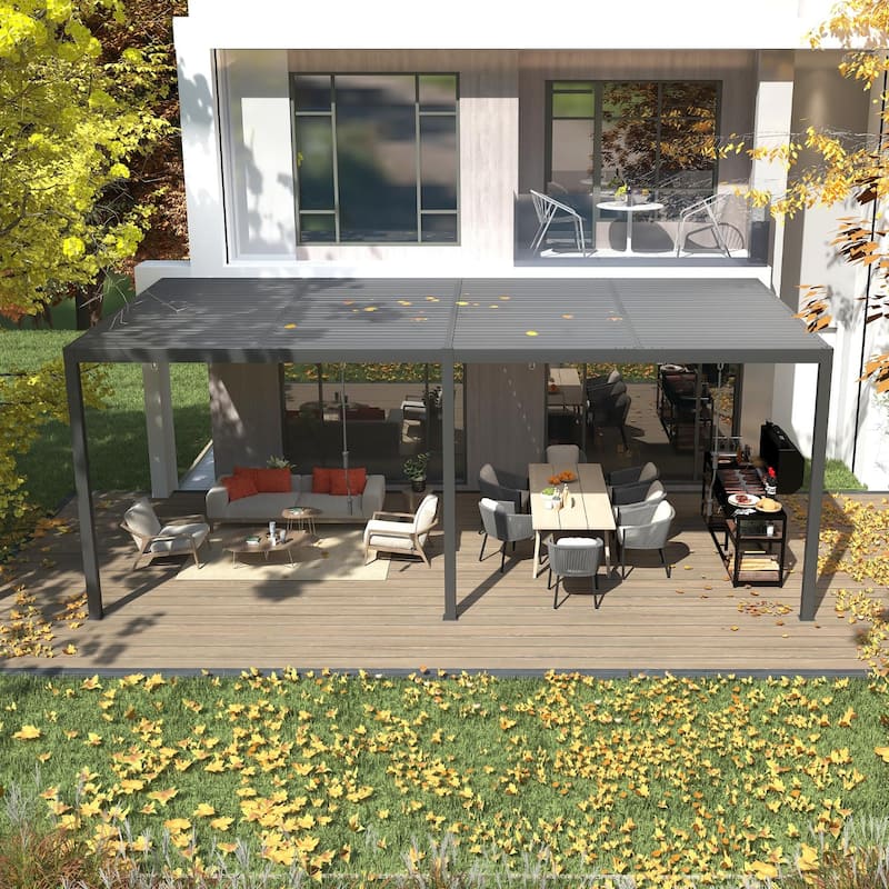 EROMMY Outdoor Louvered Pergola Gazebo with Adjustable Aluminum Rainproof Roof and Pull-Down Screen