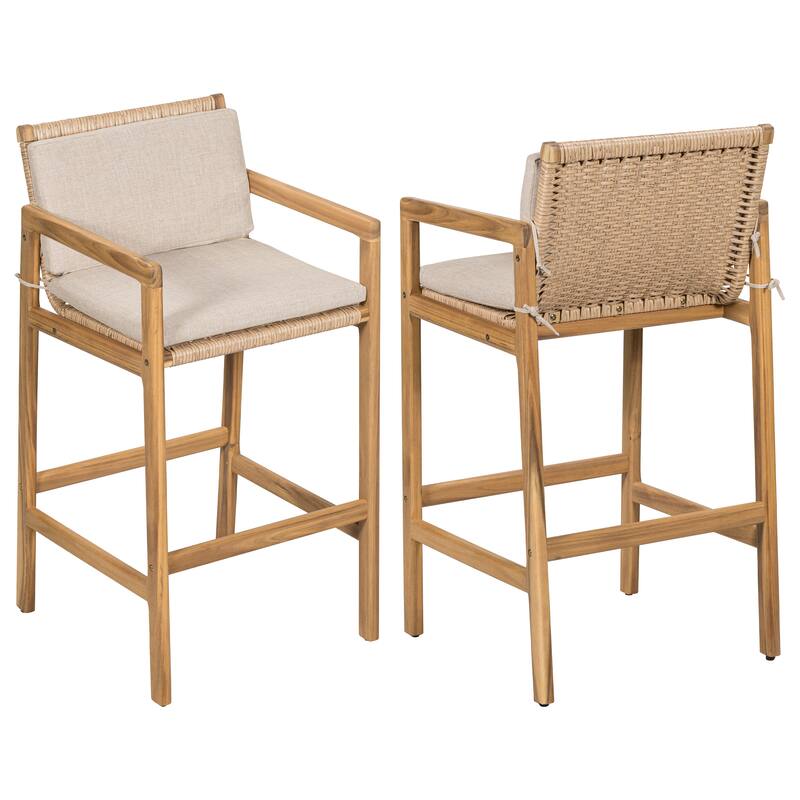 Roomfitters Marcella Outdoor Acacia Wood Barstools with Wicker Back, Teak Finish and Beige Set of 2