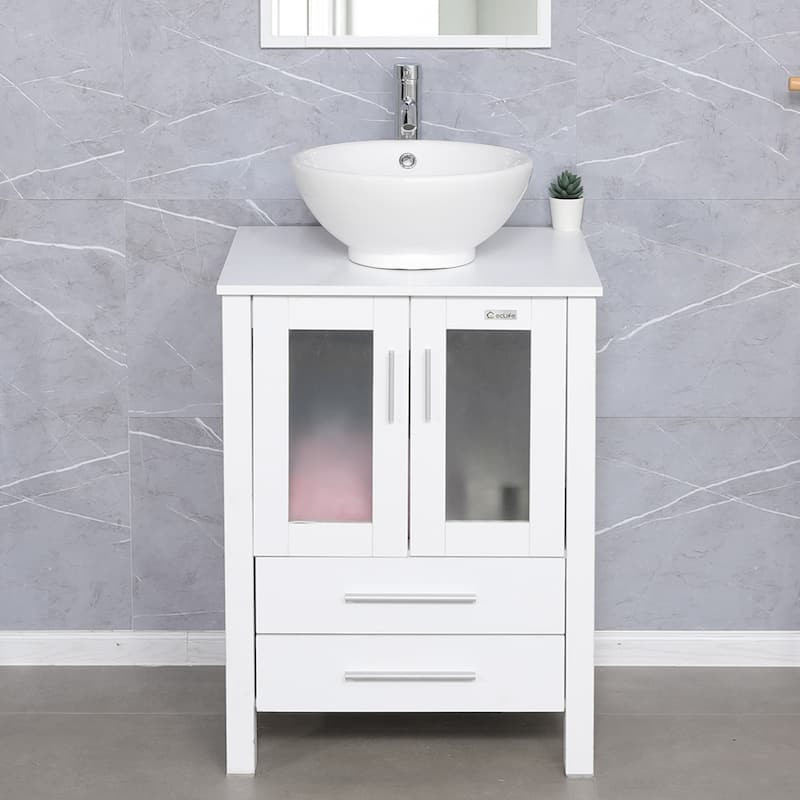 24" Bathroom Vanity White Set Glass/ Ceramic Vessel Sink Cabinet Faucet Drain Free Standing Combo - white ceramic round sink