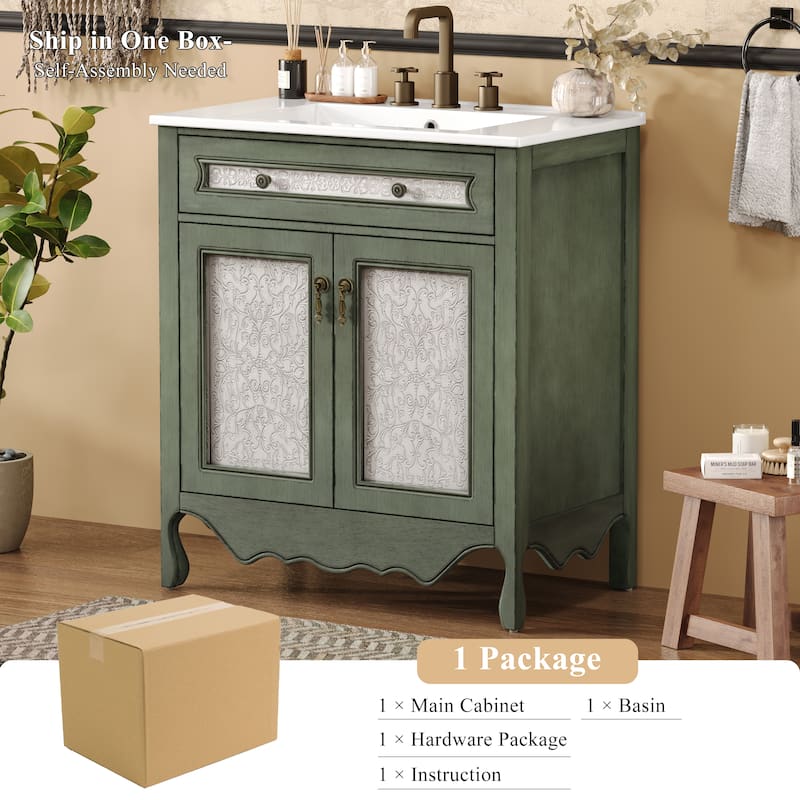 Bathroom Vanity with Ceramic Sink, Bathroom Cabinet with One Flip Drawer and Two Doors, Restroom Vanity with Adjustable Shelf