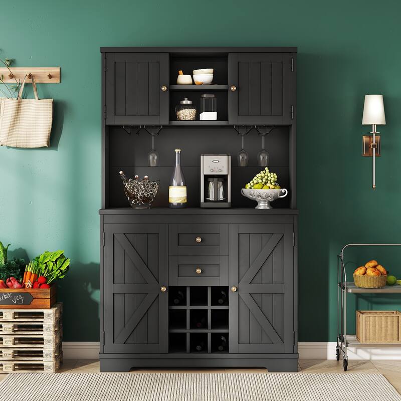 Roomfitters Farmhouse Coffee Bar Cabinet with Wine Storage, Buffet Sideboard with Glass Racks and Shelves