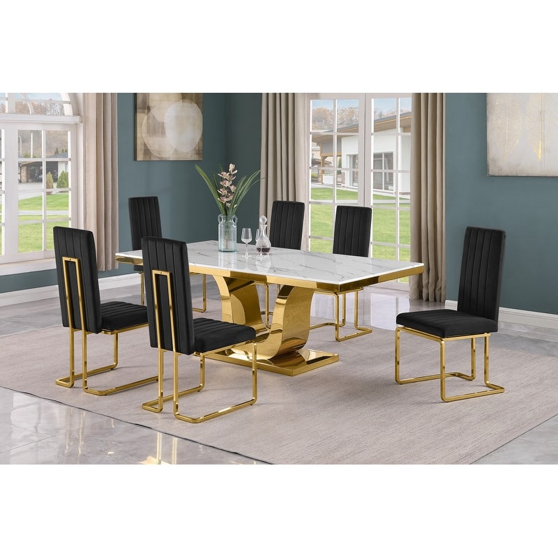 Best Quality Furniture D321-SC344-7 Dining Set with 78" White Marble Top - 7-Piece - Black / Gold