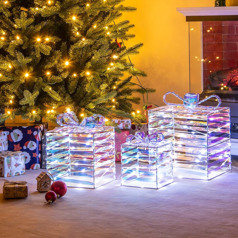 Gymax 3 Pieces Christmas Lighted Gift Boxes 90 LED Light up Present - Multi - See Details