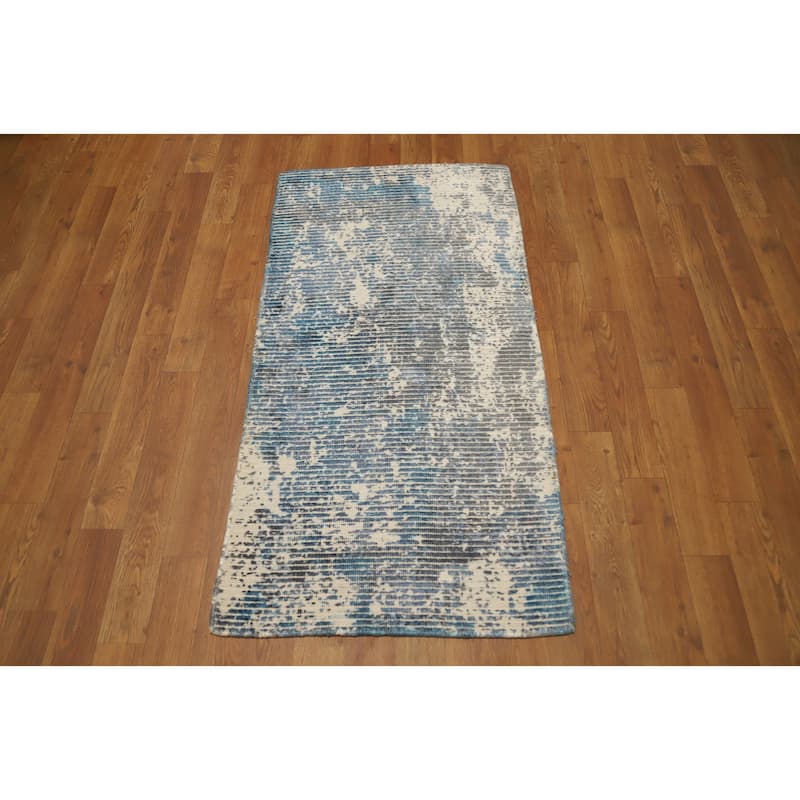 Hand Knotted Oriental Viscose Silk Carpet Modern Abstract Navy Blue & Blues Abstract Area Rug - 4' 0'' X 2' 0''
