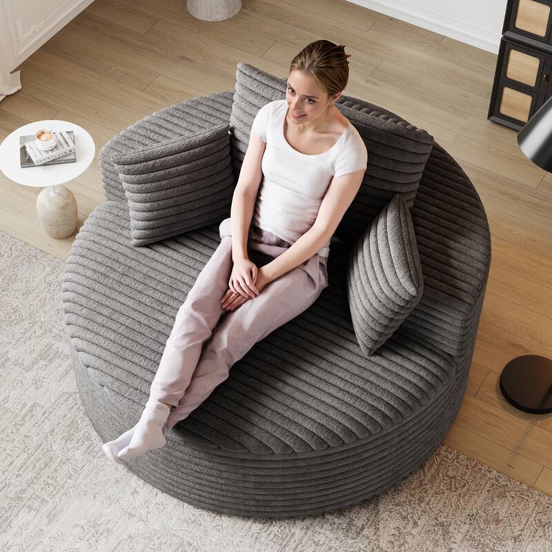 Corduroy Upholstered Single Sofa, Oversized Fluffy Sleeper Chair, Round Reading Chair with Headrest & 2 Pillow