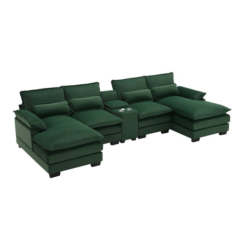 6-Seat U-Shaped Sofa with Console, Cupholders & USB Ports, Chenille Upholstery, 123"