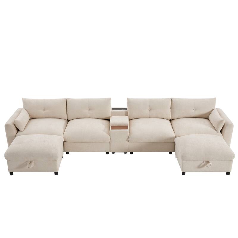 142" U-Shaped Sectional Sofa with USB, Storage & Cup Holders