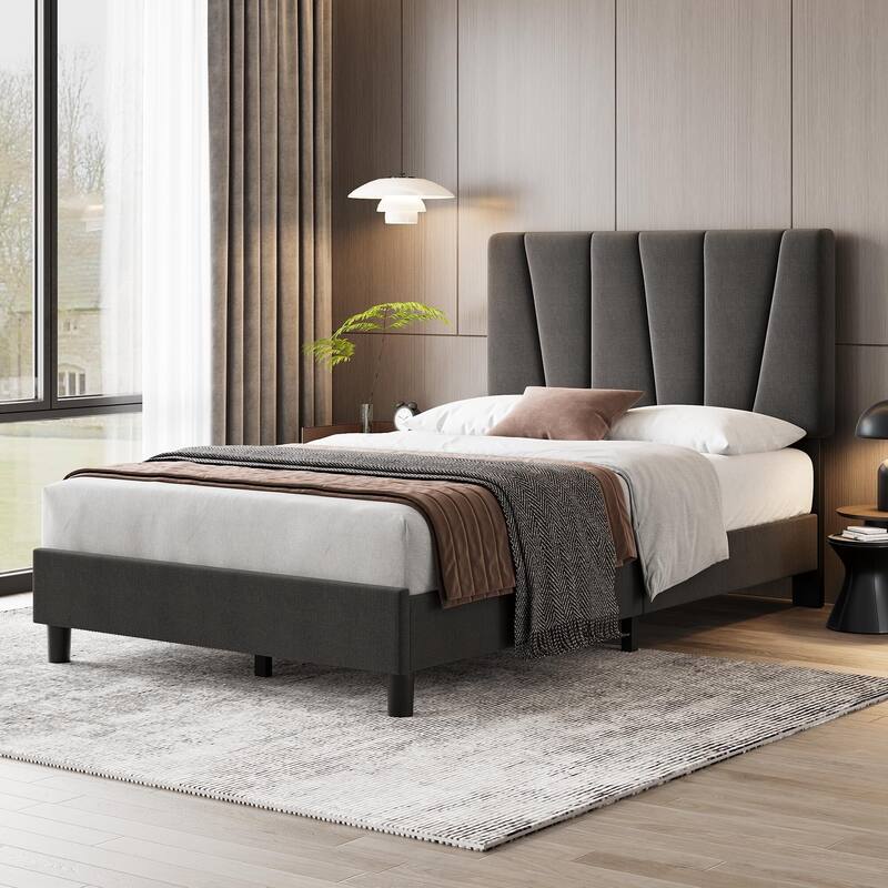 Linen Upholstered Platform Bed Frame with Strong Wooden Slats