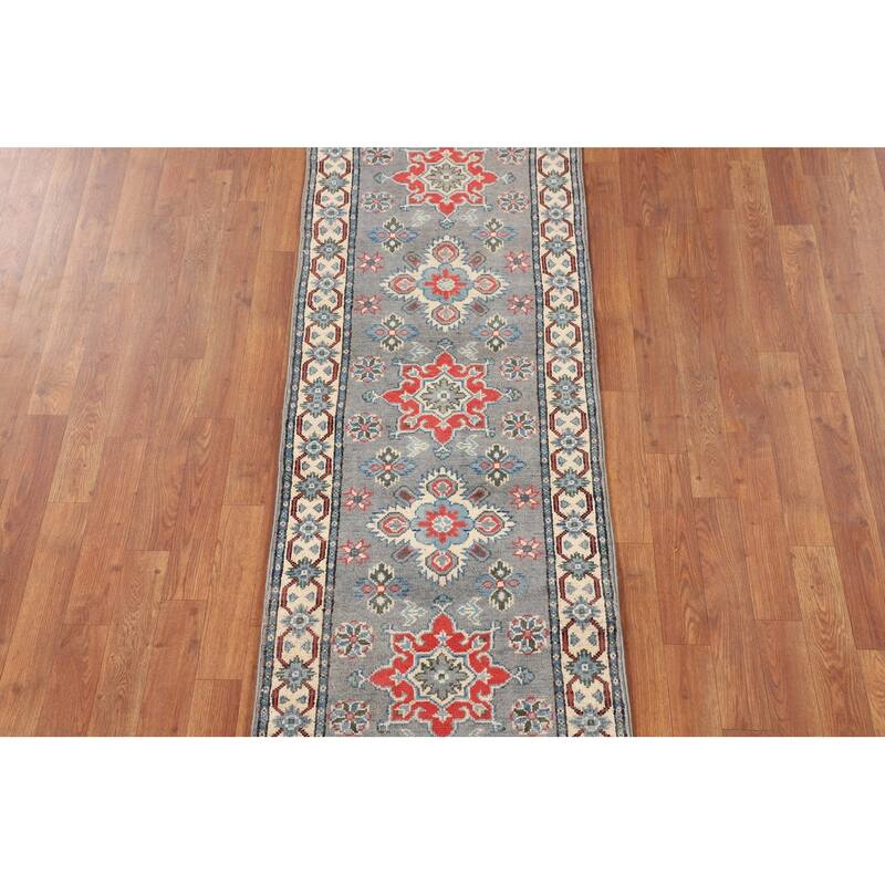 Geometric Grey Kazak Oriental Runner Rug Hand-Knotted Wool Carpet - 2'2" x 5'11"