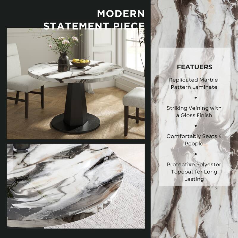 Roundhill Furniture Cavira Modern Faux Marble Dining Table with Wood Pedestal Base