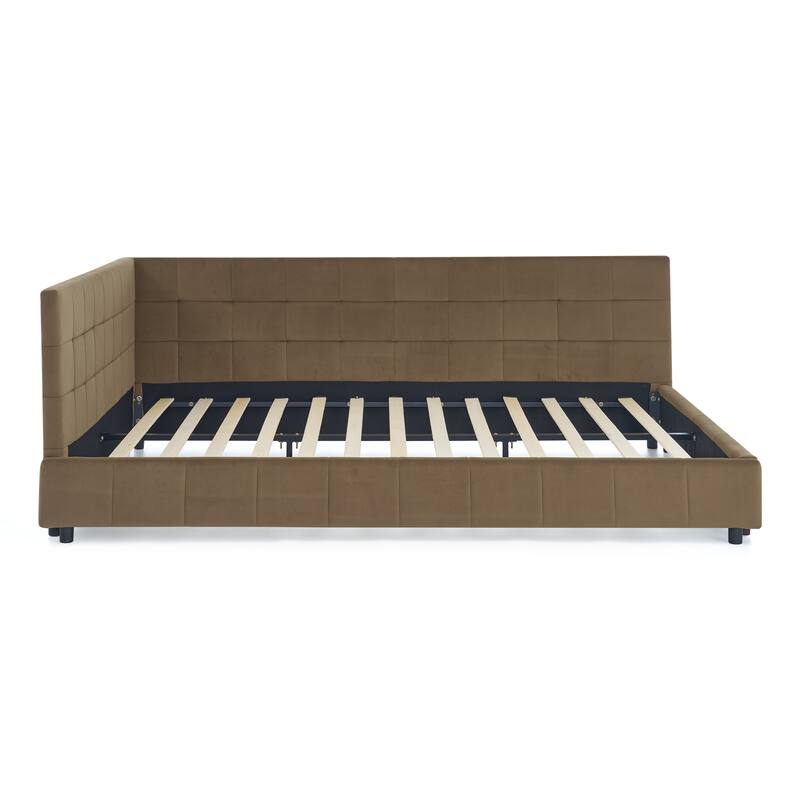 Queen Size Velvet Upholstered Tufted Bed Frame with Backrest and Armrests, Brown, Easy Assembly