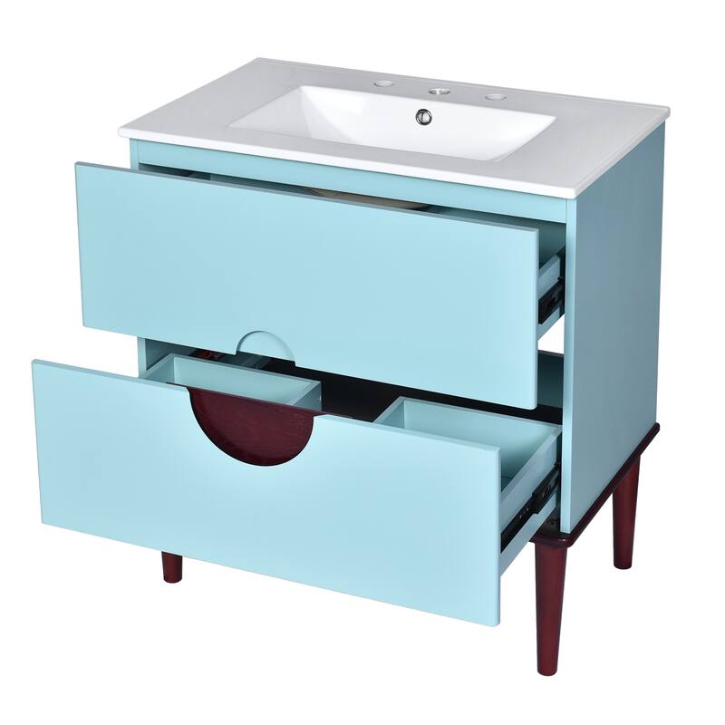 30'' Bathroom Vanity Cabinet with Ceramic Sink Combo Set, Solid Wood Frame Modern Bathroom Storage Cabinet with 2 Drawers, Blue