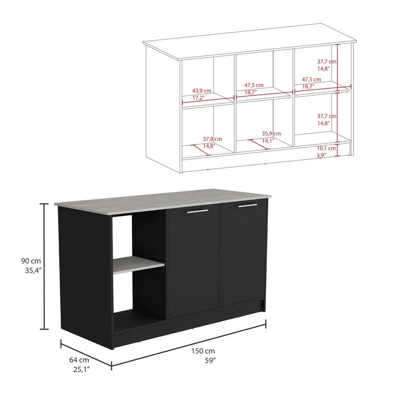 59-Inch Kitchen Island with Double Door Cabinets & Open Shelves, Light Oak/White Design