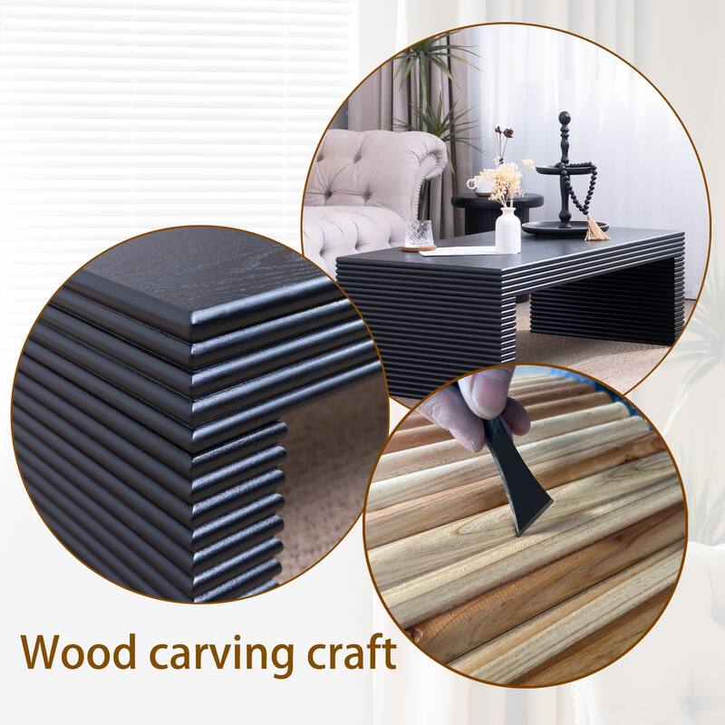 47.6" Modern Black Ribbed Coffee Table - Rectangular Low Profile Center Table for Living Room