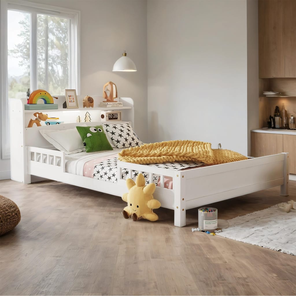 Full Size Pine Bed w/ Bookcase Headboard ,LED Sensor Light, Guardrails