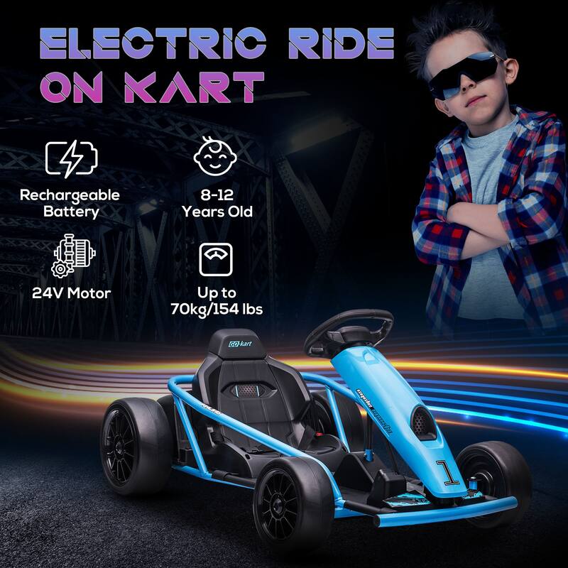 Aosom 24V 8.1 MPH Electric Go Kart, Drifting Car Battery Powered Ride on Toy Outdoor with Slow Start, Music, Horn Honking