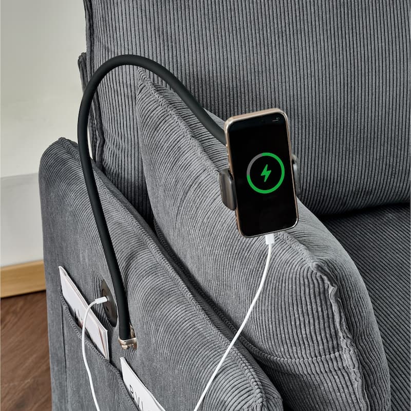 Corduroy Single Sofa Armchair & Storage Ottoman Set with 360° Adjustable Phone Holder, Built-in USB and Side Pockets