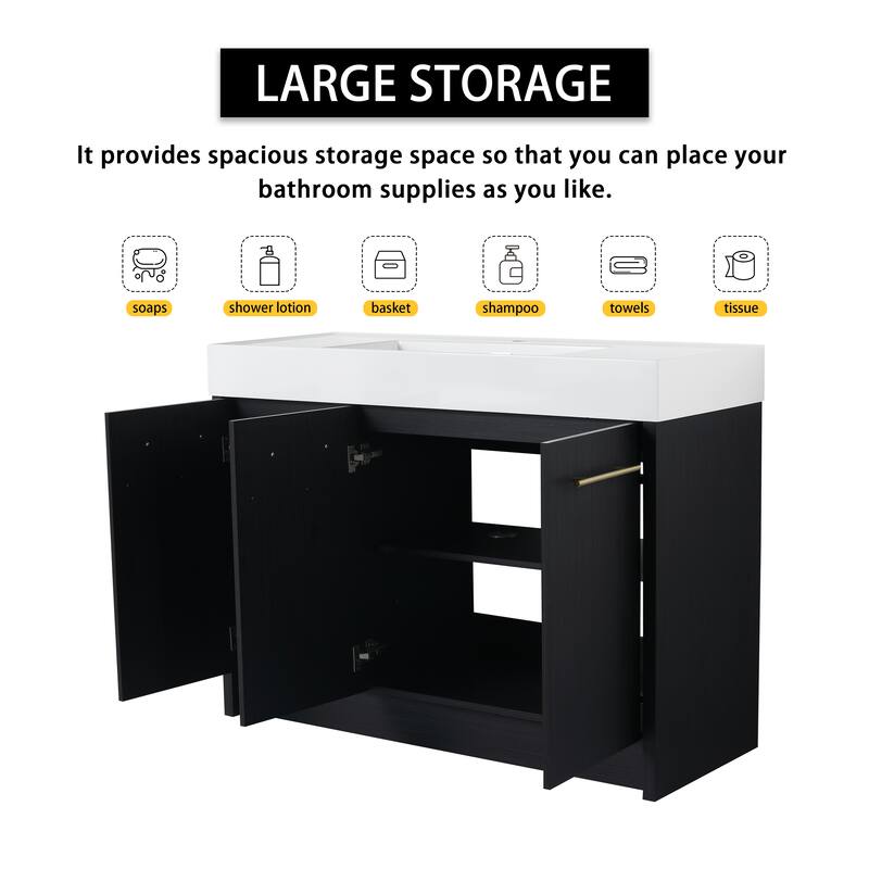 24" Bathroom Vanity with Resin Sink, Soft Close Hinges, Adjustable Storage, Black Chestnut Color, Freestanding Cabinet