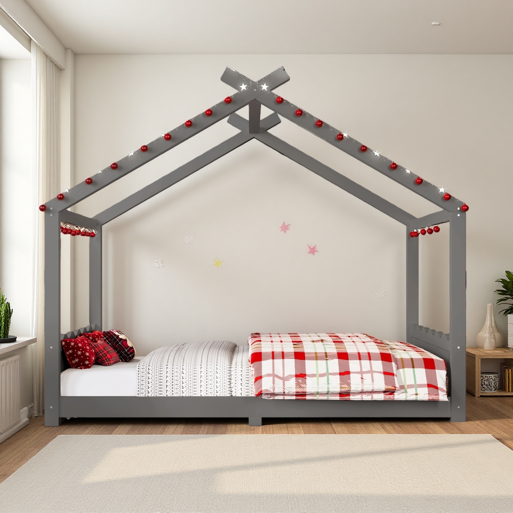 Full Solid Wood Kids House Floor Bed with Support Slats, No Box Spring Needed, Easy Assembly, and Montessori Low-Profile Design